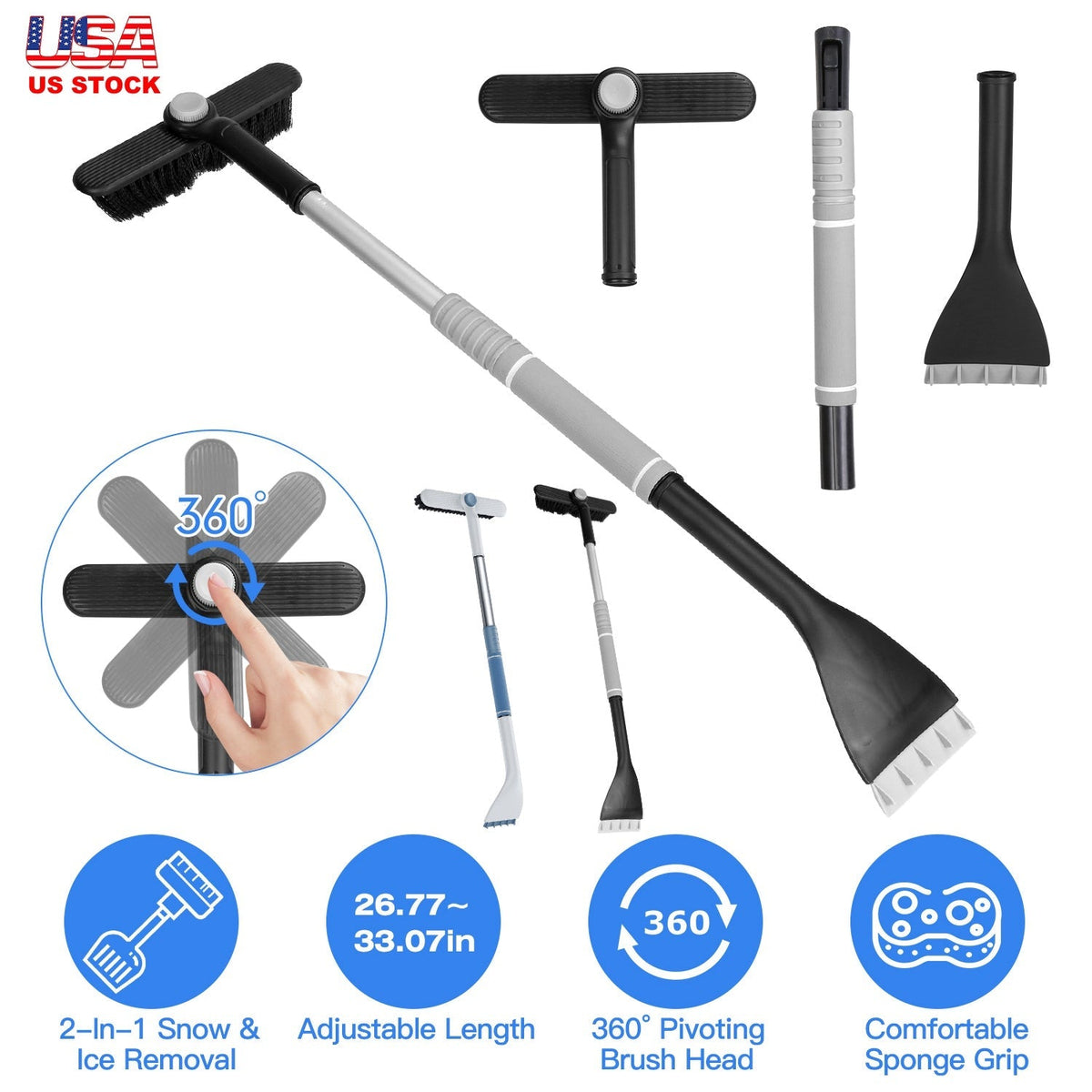 2 In 1 Ice Scraper Extendable Car Snow Brush Telescopic Snow Removal Tool Automobile Snow Shovel Frost Removal with 360¡ Pivoting Brush Head Sponge Gr