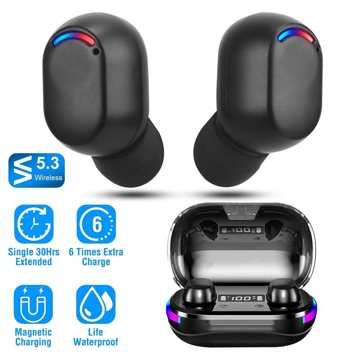 Wireless V5.3 TWS Earbuds In-Ear Stereo Headset Earphone Earpiece with Microphone Magnetic Charging Dock for Driving Working Traveling