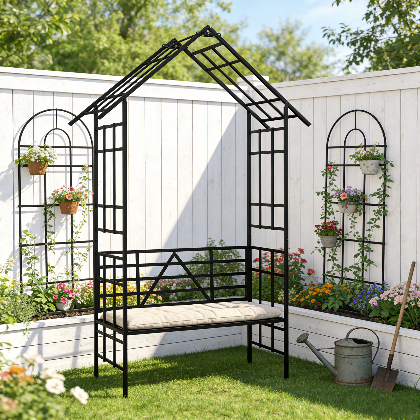 Metal Garden Arch with Bench Turned into Flower Stand