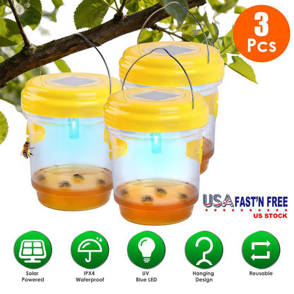 3Pack Solar Wasp Traps Outdoor Hanging Insect Catchers with UV Light for Paper Wasps Yellow Jackets Small Hornets Fruit Flies House Flies