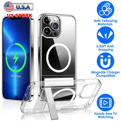 Magnetic Metal Kickstand Clear Case Shockproof Anti Yellowing Phone Cover Compatible with Magsafe Fit for IOS Phone 14 Pro