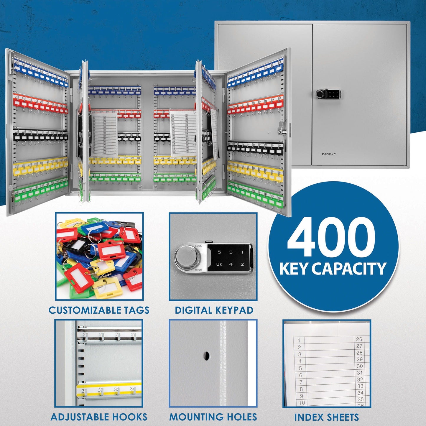 400 Keys Adjustable Key Lock Box With Digital Lock - Gray