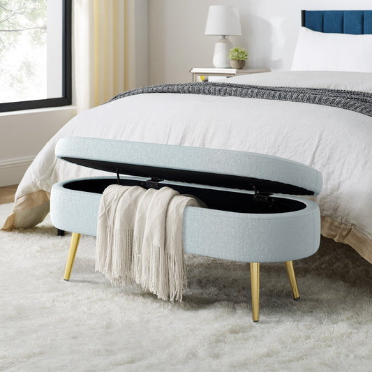 Ottoman Oval Storage Bench, Flannel with Metal Legs-Cyan