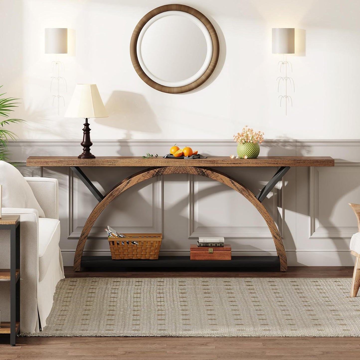 Console Table With 2 Tier Storage And Half Moon Frame For Hallway - Brown / Black