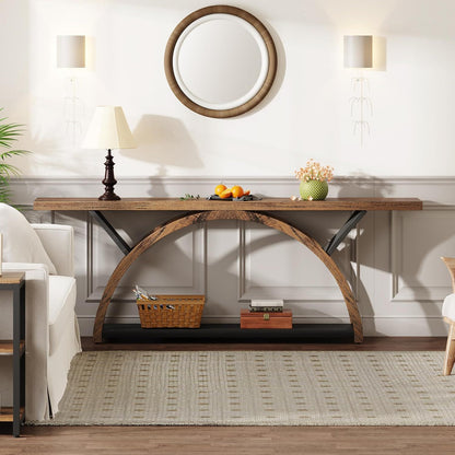 Console Table With 2 Tier Storage And Half Moon Frame For Hallway - Brown / Black