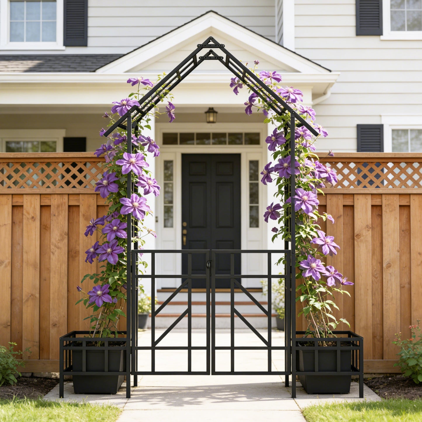 Metal Garden Arch with Gate and Planter for Climbing Plants