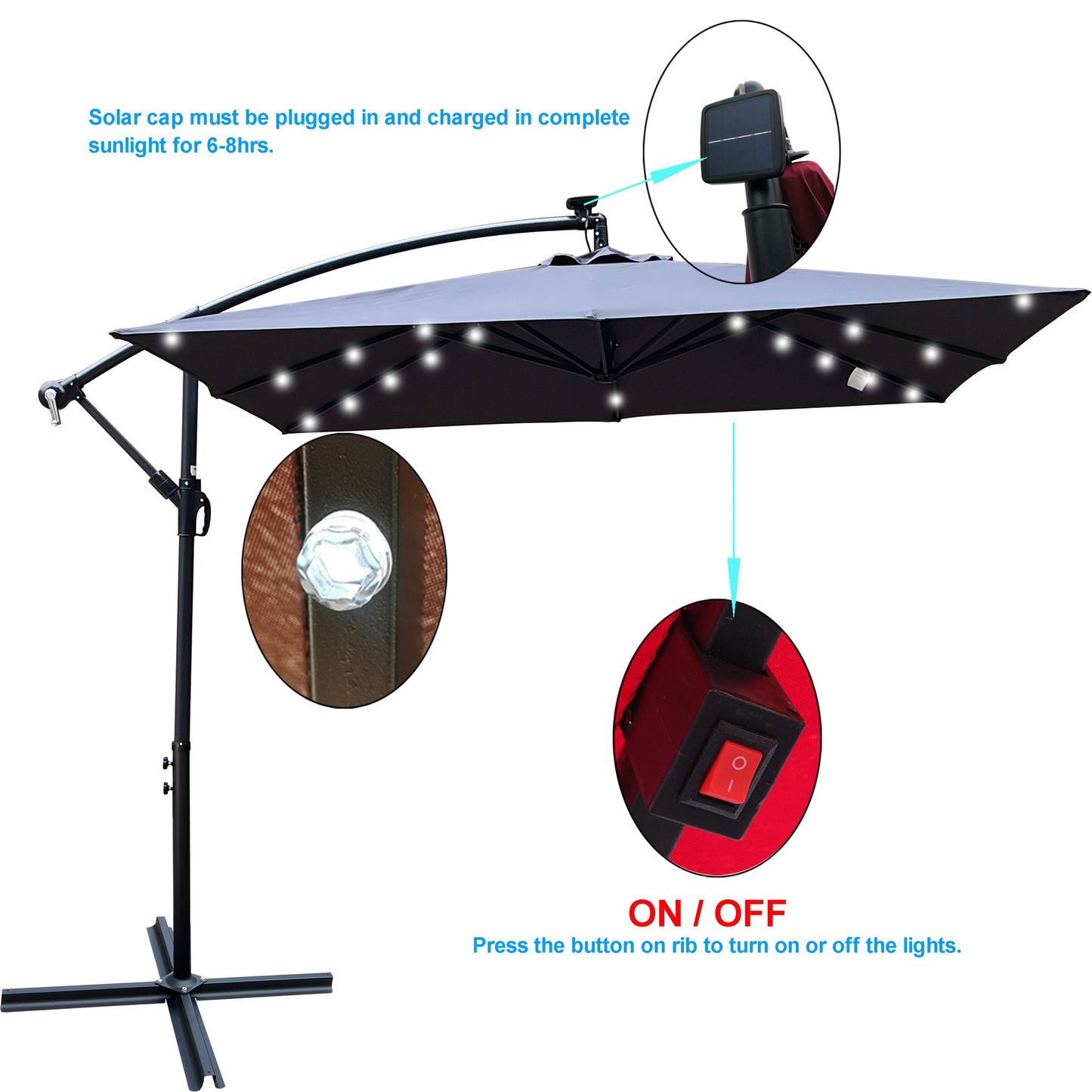 Square 2.5x2.5M Outdoor Patio Umbrella with Solar LED Lights