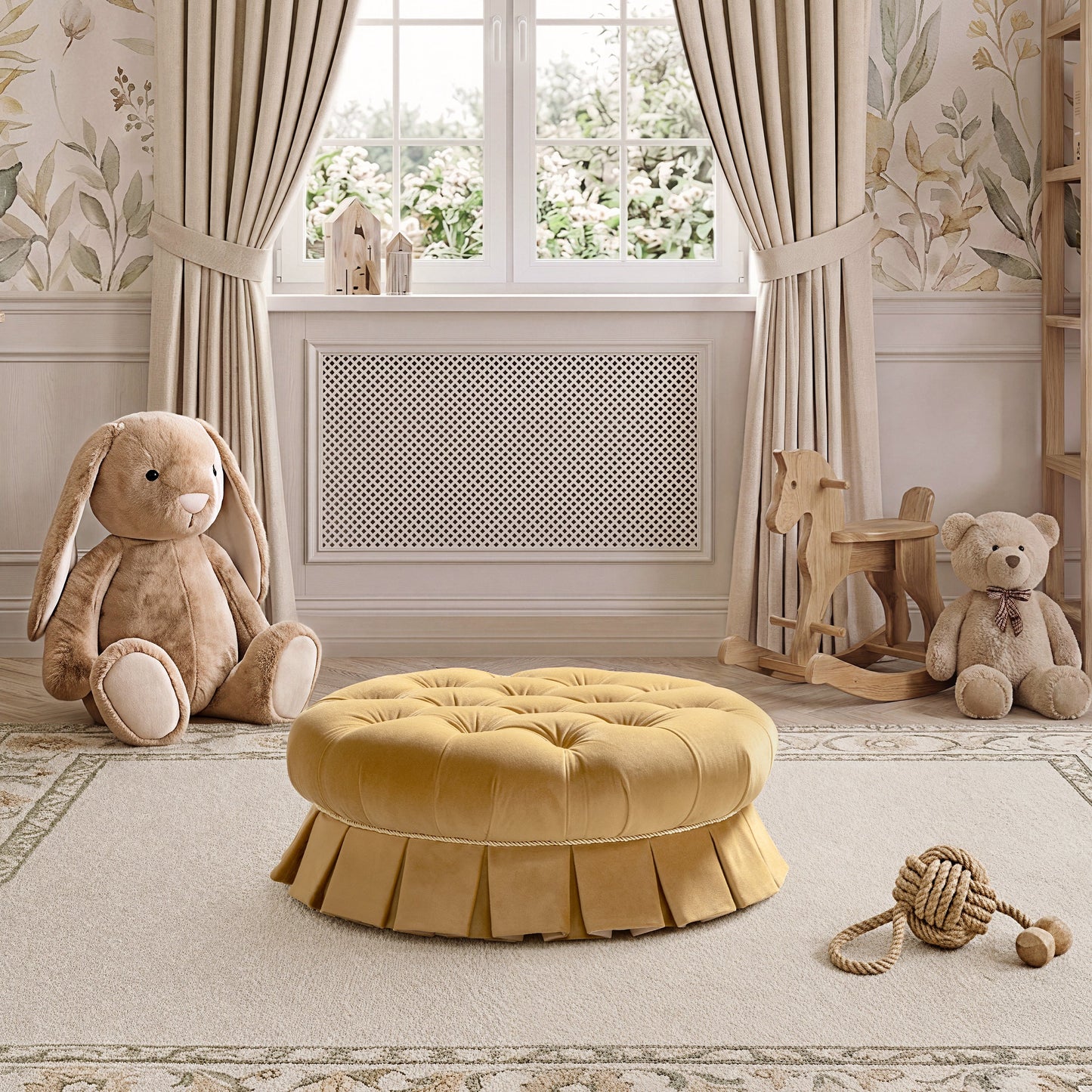 Roquefort 24.5" Round Tufted Velvet Pet Bed with Box-Pleated Skirt