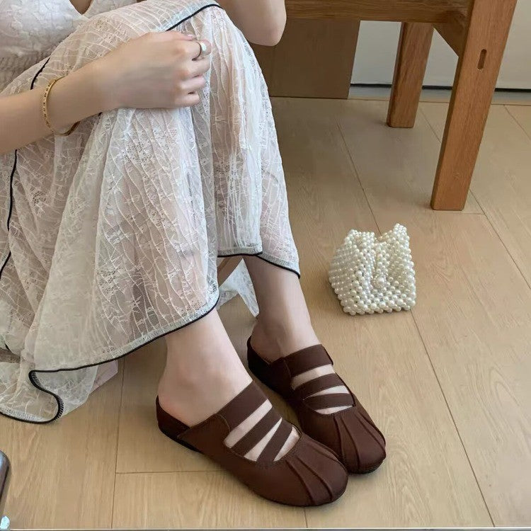 Women Retro Three Strap Split Toe Mule Flats, Pleated Front Soft Leather Backless Slip On Minimalist Casual Daily Walking Summer Slides Black Khaki Coffee Brown
