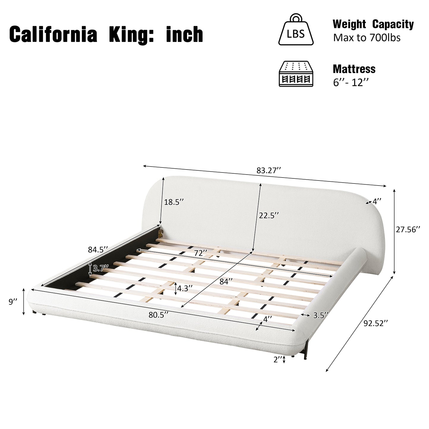 California King Size Bed Frame with Boucle Fabric and Thick Headboard