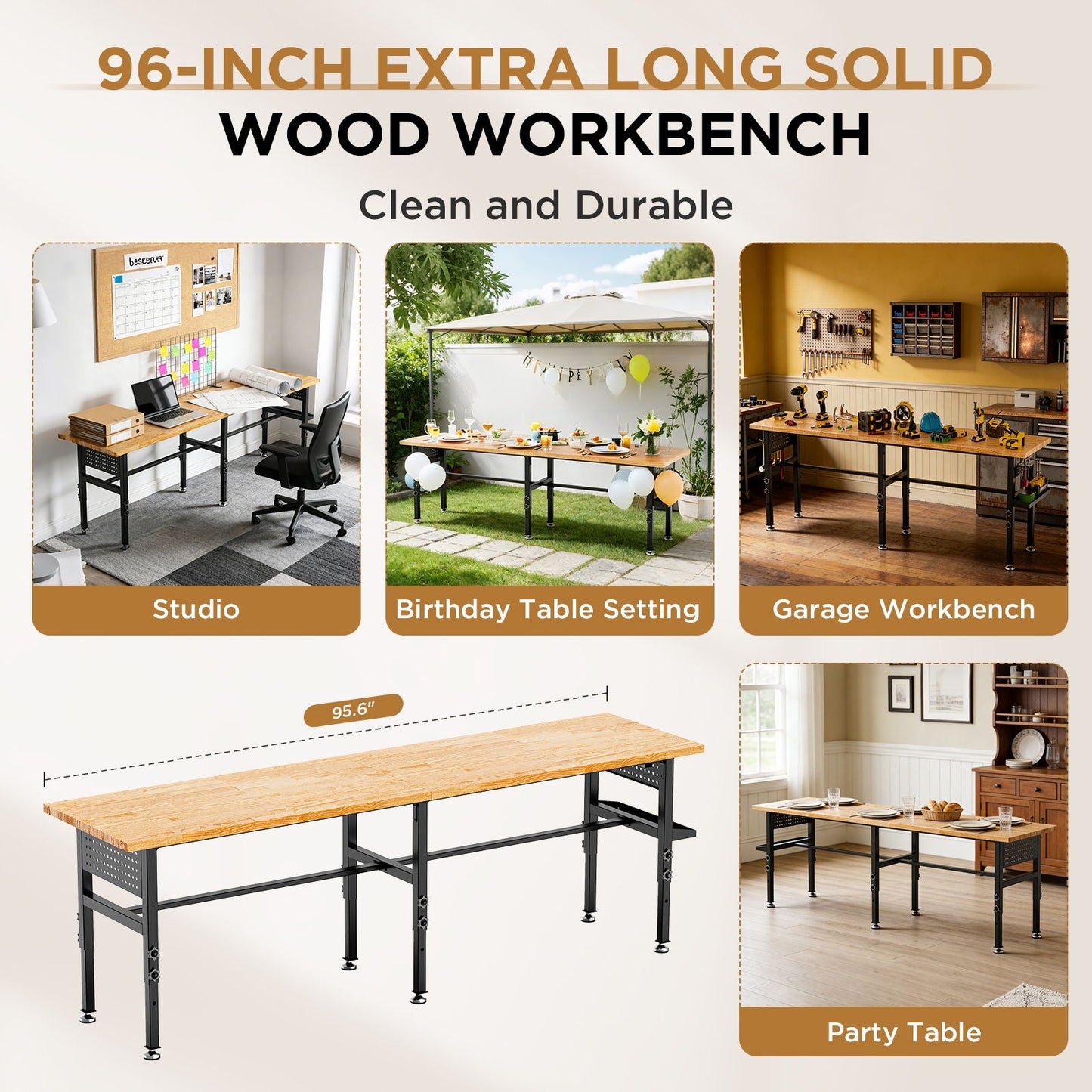 Adjustable Workbench, Side Pegboard, 4 Height Settings, Power Outlet, Storage Box, Wheels Or Leveling Feet - Black