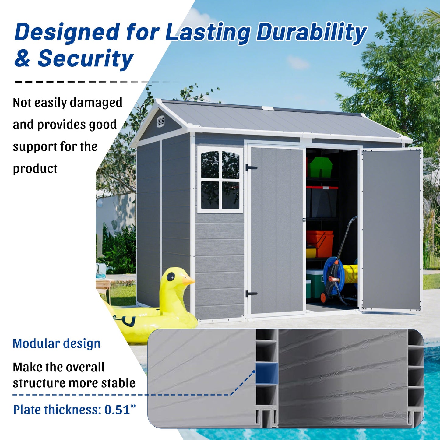 Plastic Utility Shed 8x6 ft with Floor – Lockable Storage Shed