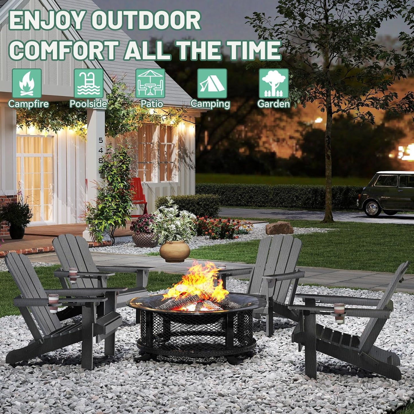 Adirondack Chair with Folding Design and Cup Holder - Gray