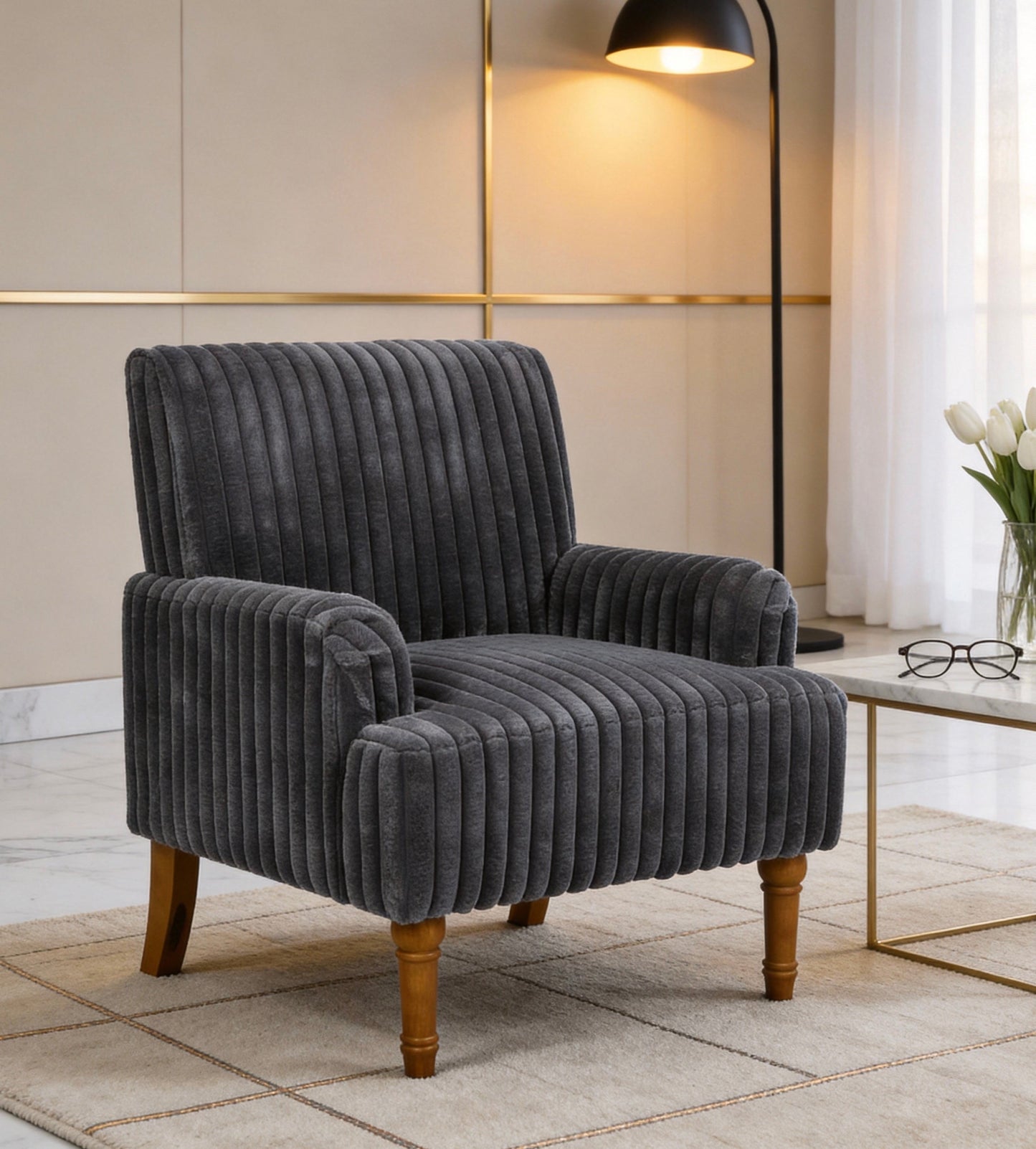 Modern Accent Chair with 2" Wide Wale Corduroy and Solid Wood Legs