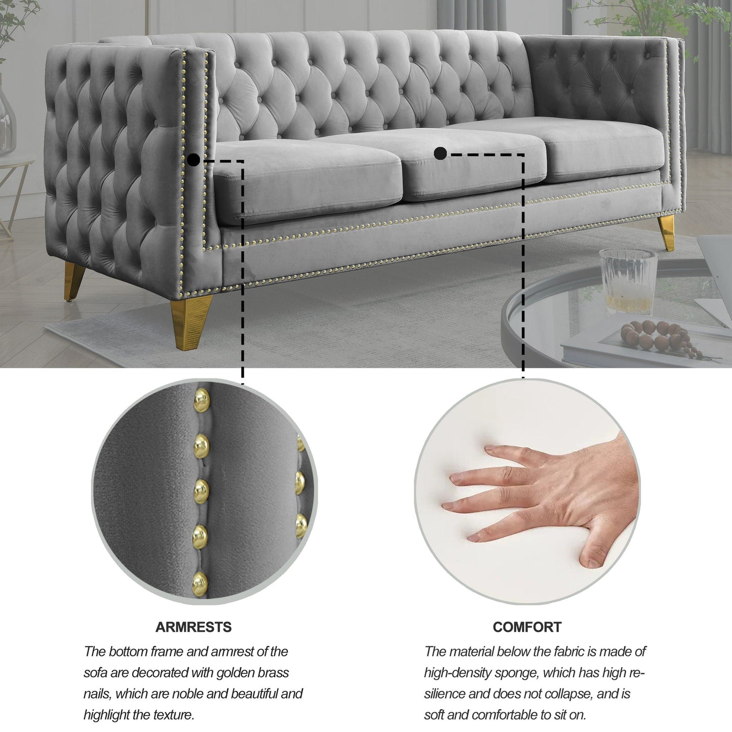 Upholstered Couch Sofa With Button Tufting For Living Room