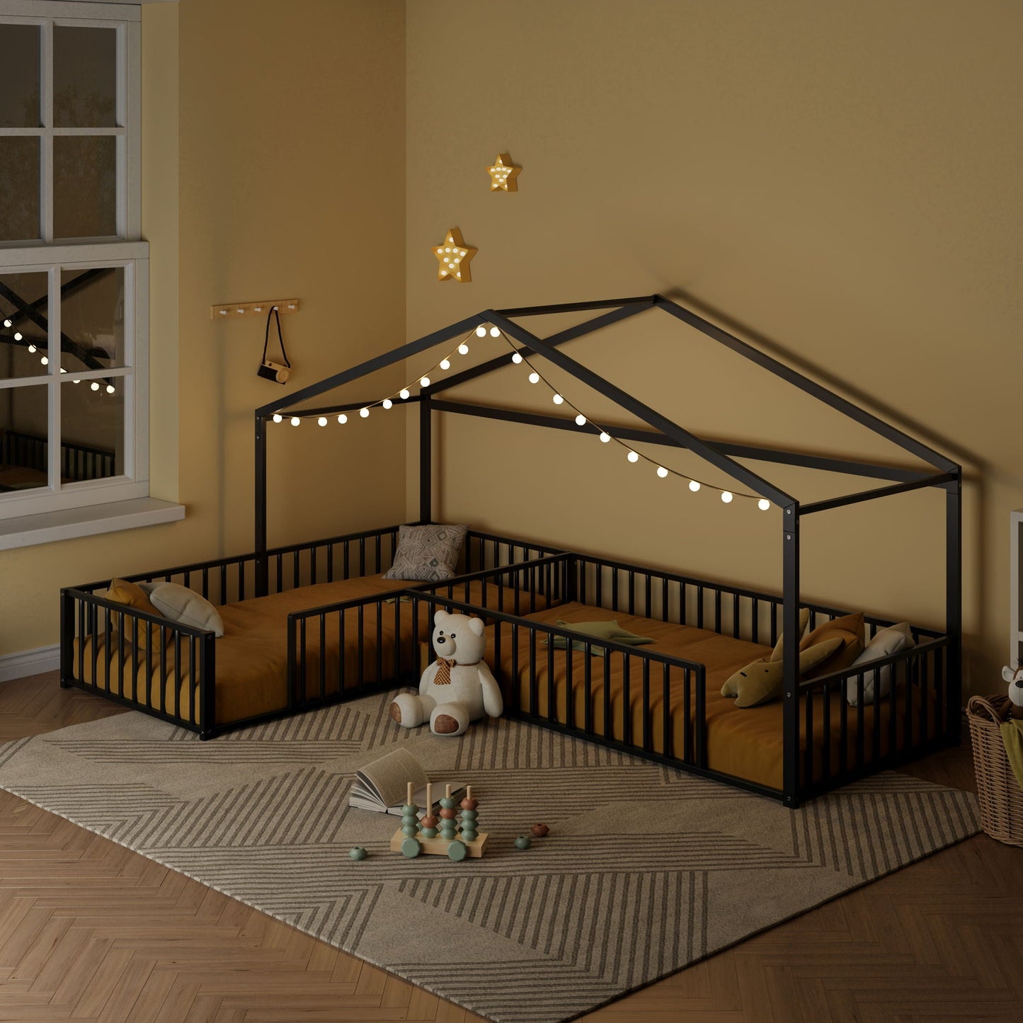 L-Shaped Montessori Bed For 2 Kids With Partitioned Fence