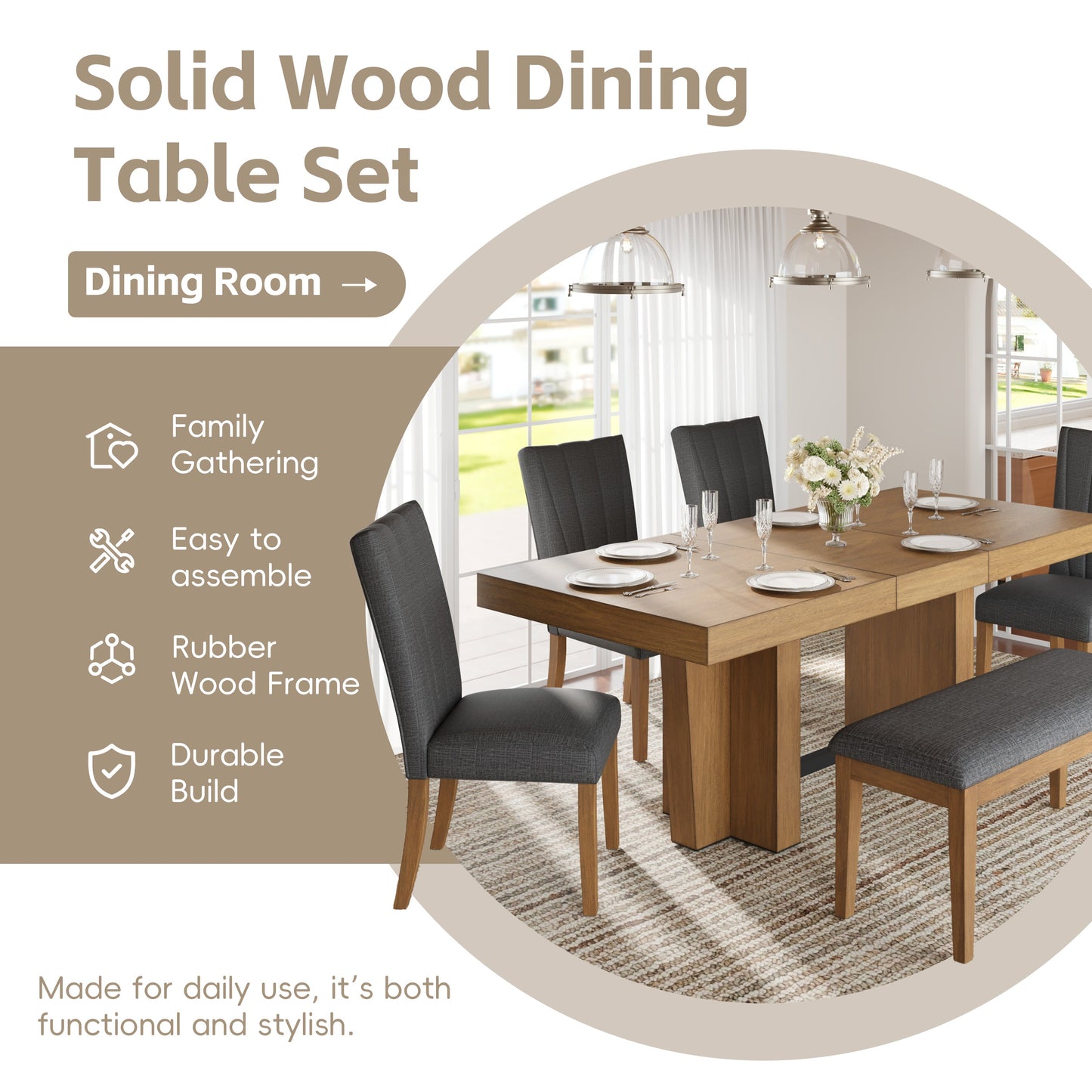 TOPMAX Farmhouse Extendable Wood Dining Table Set for 6
