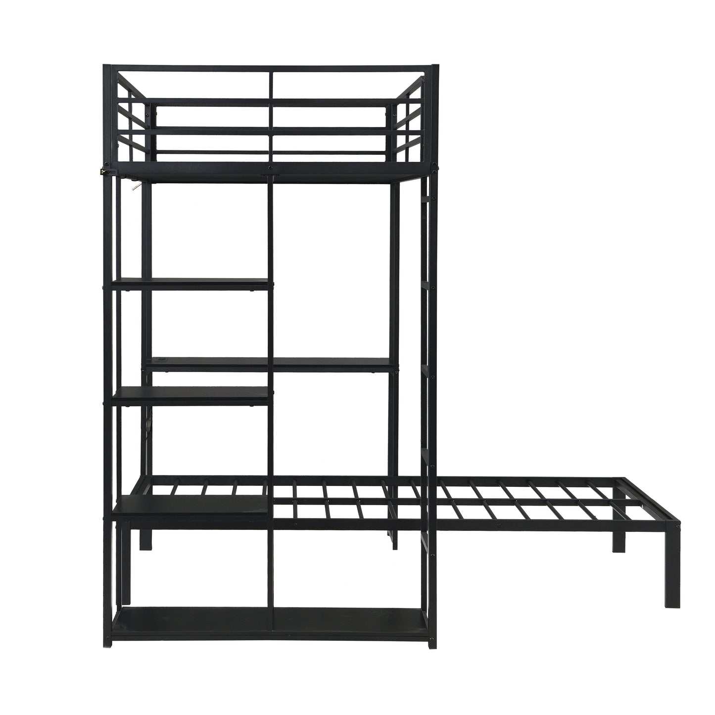 Metal Loft Bed Frame with LED Light Strip, Side Storage Shelves & Built-in Desk