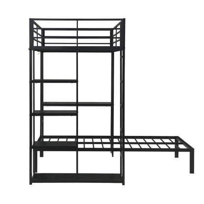 Metal Loft Bed Frame with LED Light Strip, Side Storage Shelves & Built-in Desk