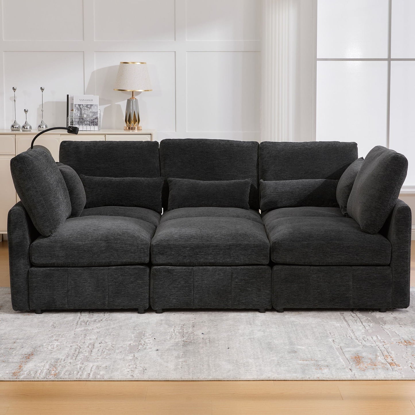 Modern Modular U-Shaped Sofa Bed With Movable Ottoman, USB Ports, Phone Holder