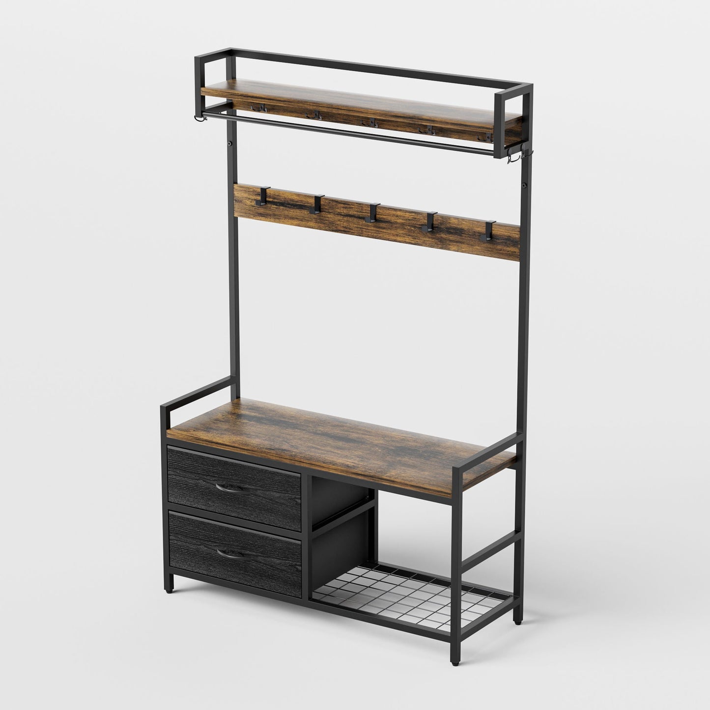 Hall Tree With 2 Movable Drawers, Shoe Storage, Shelves, Garment Racks, And 23 Hooks For Entryway - Rustic Brown