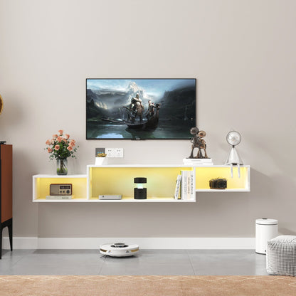 65.35in Wall Mounted Floating TV Stand with 20 Color LEDs and Charging Station