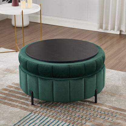 Upholstered Round Ottoman With Reversible Lid, Channel Tufted Pumpkin Shape