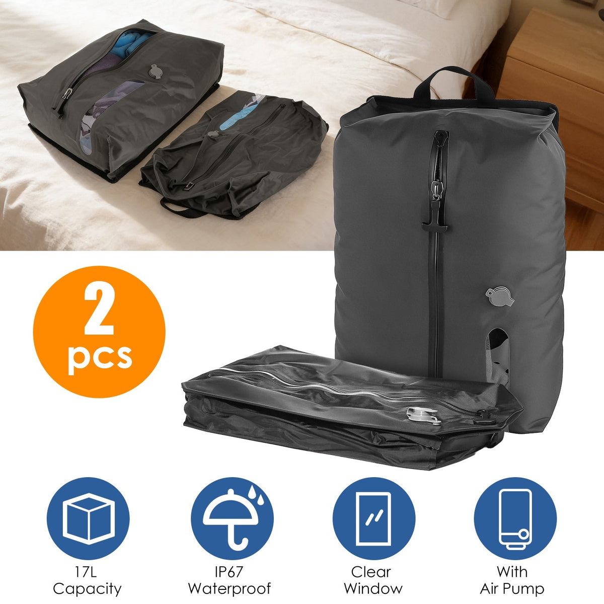 17L Vacuum Storage Bags with Rechargeable Pump (2-Pack)