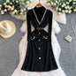 Vintage V-Needle Knit Tank Dress – Embellished Diamante Slim Fit Maxi, Layering Sweater Vest