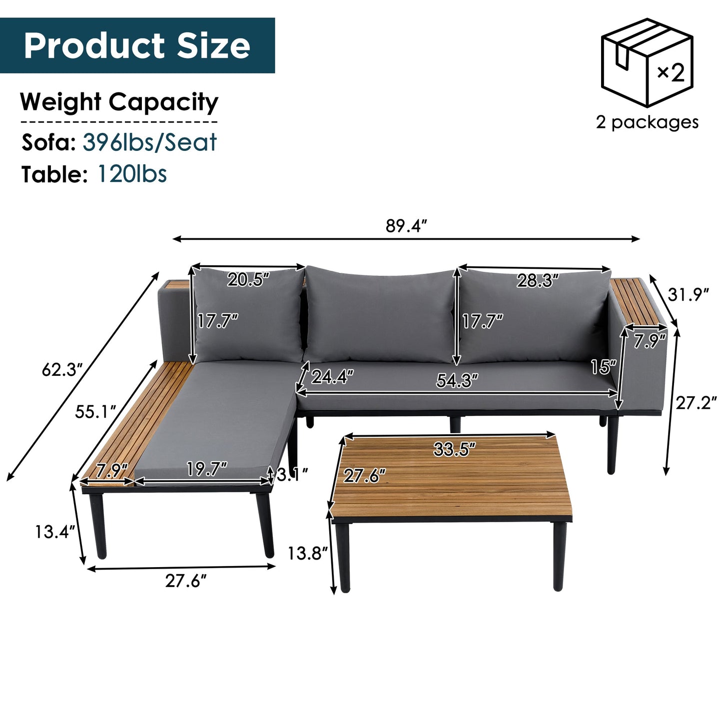 Luxury L-Shaped Acacia Wood Outdoor Sectional Sofa Set