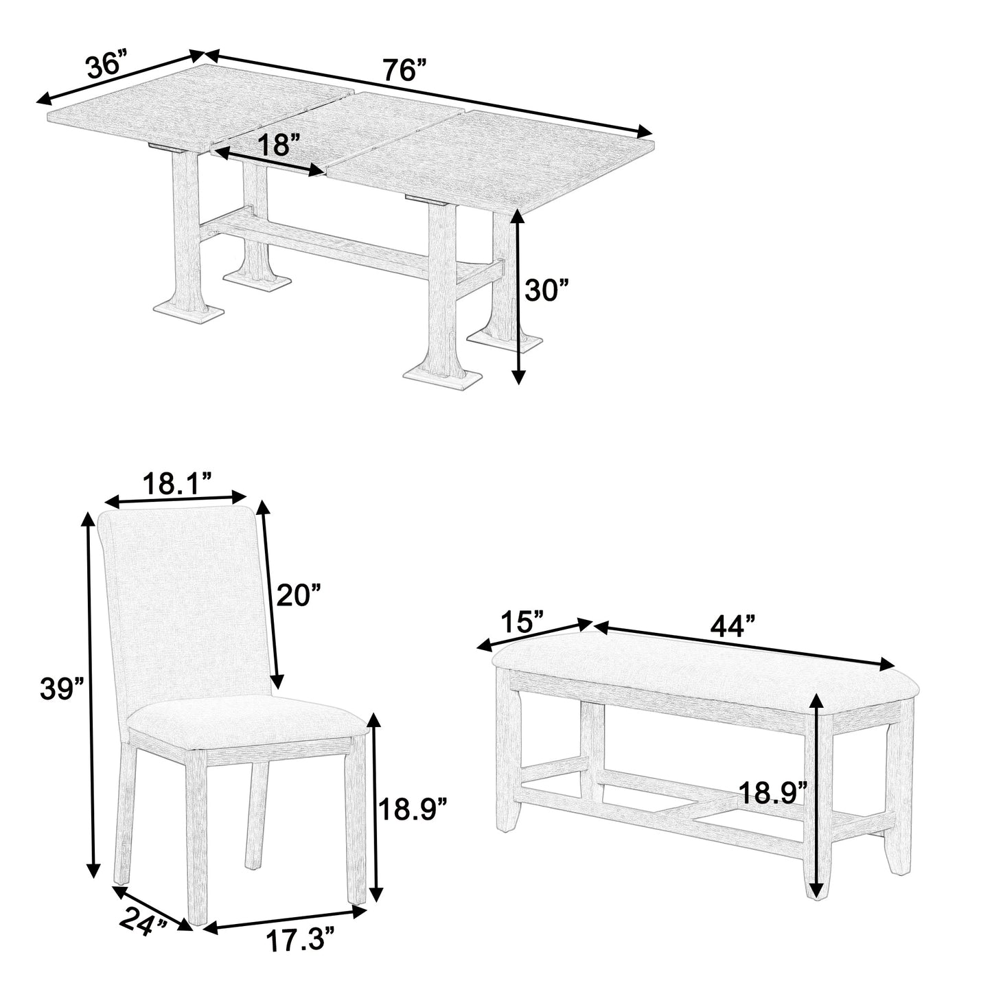 TOPMAX Farmhouse 76inch 6-Piece Extendable Dining Table Set