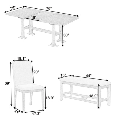 TOPMAX Farmhouse 76inch 6-Piece Extendable Dining Table Set