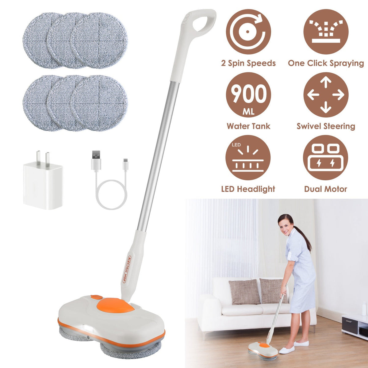 Dual Motor Cordless Spin Mop Self-Propelled Floor Cleaner with 6 Microfiber Pads 2 Speeds 900ML Water Tank One Click Spraying Headlight for Multiple F