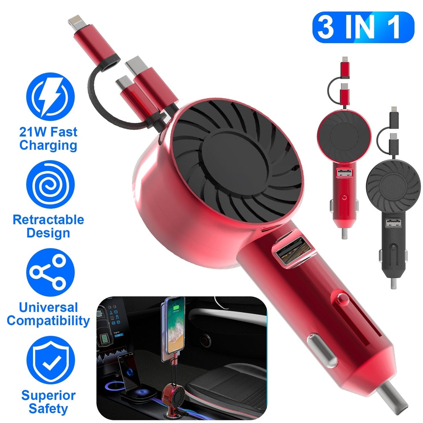 21W 3 In 1 Retractable Car Charger Fast Car Charger Mini Car Phone Charger with USB Port Type-C Cable LT & Micro Cable Fit For IOS Phone 15/14/13 And