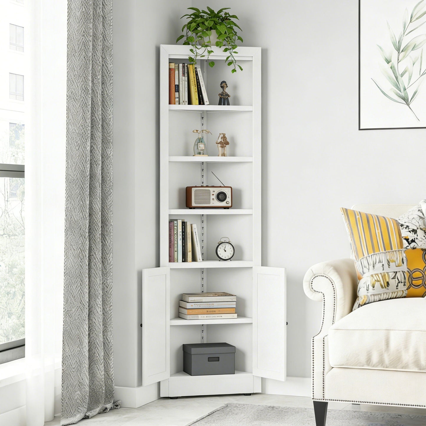 Tall Corner Storage Cabinet With 2 Doors, 5-Tier With Adjustable Shelves, Freestanding - White