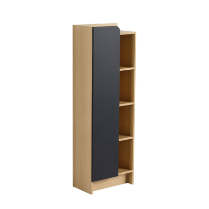 Tall Freestanding Bathroom Side Cabinet With Single Door & 4 Tier Open Shelves - Black / Light Oak / White
