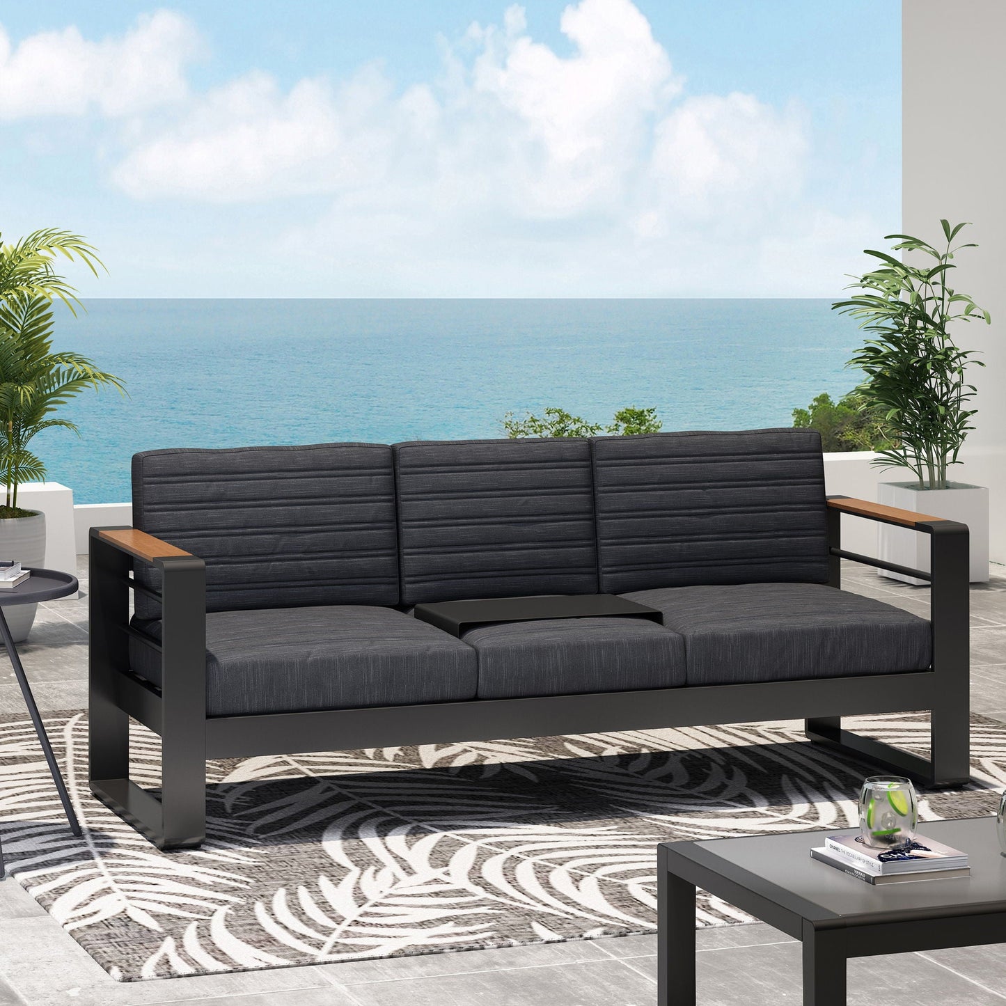 Giovanna 3-Seater Sofa with Aluminum Frame and Water-Repellent Cushions - Black
