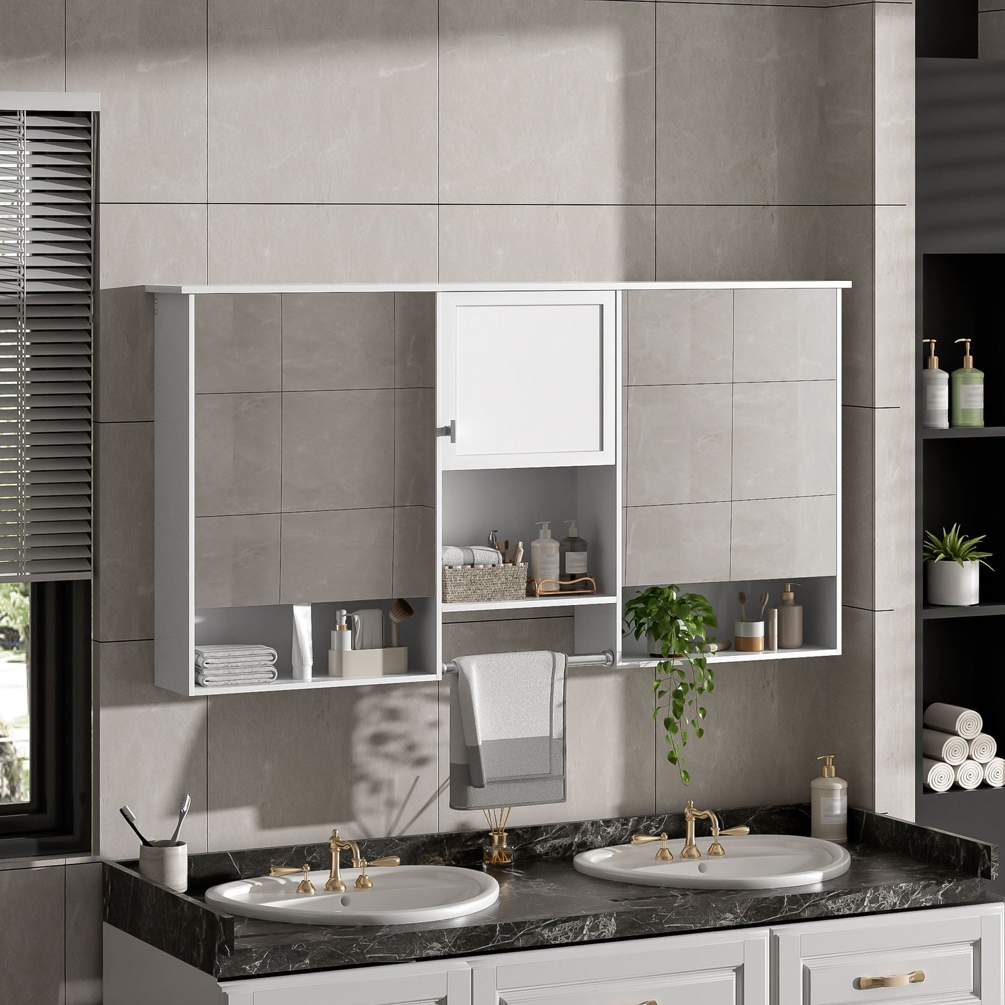 Wall-Mount 3-In-1 Mirror Cabinet With Adjustable Shelf, Soft-Closing Hinges, Rectangular Design - White