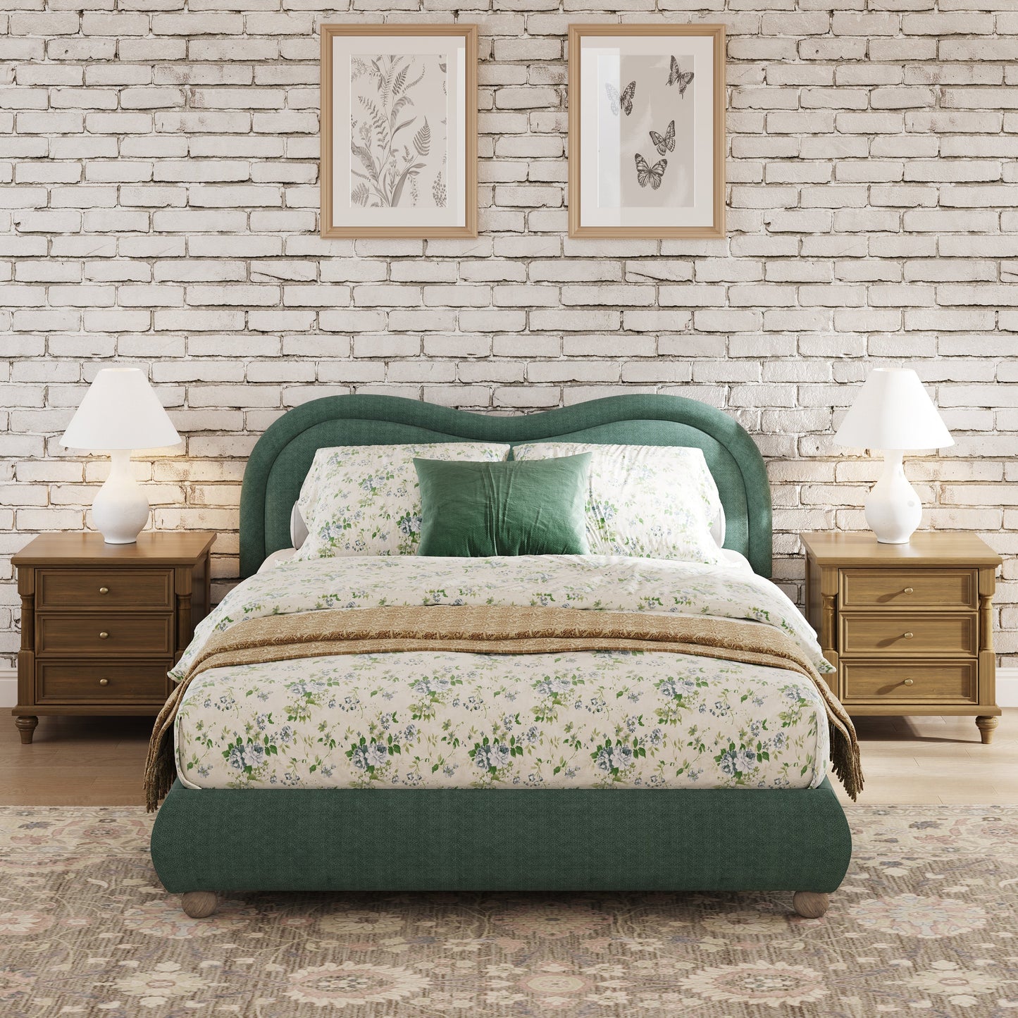 Queen Size Upholstered Platform Bed Frame with Rounded Corners Curved Headboard