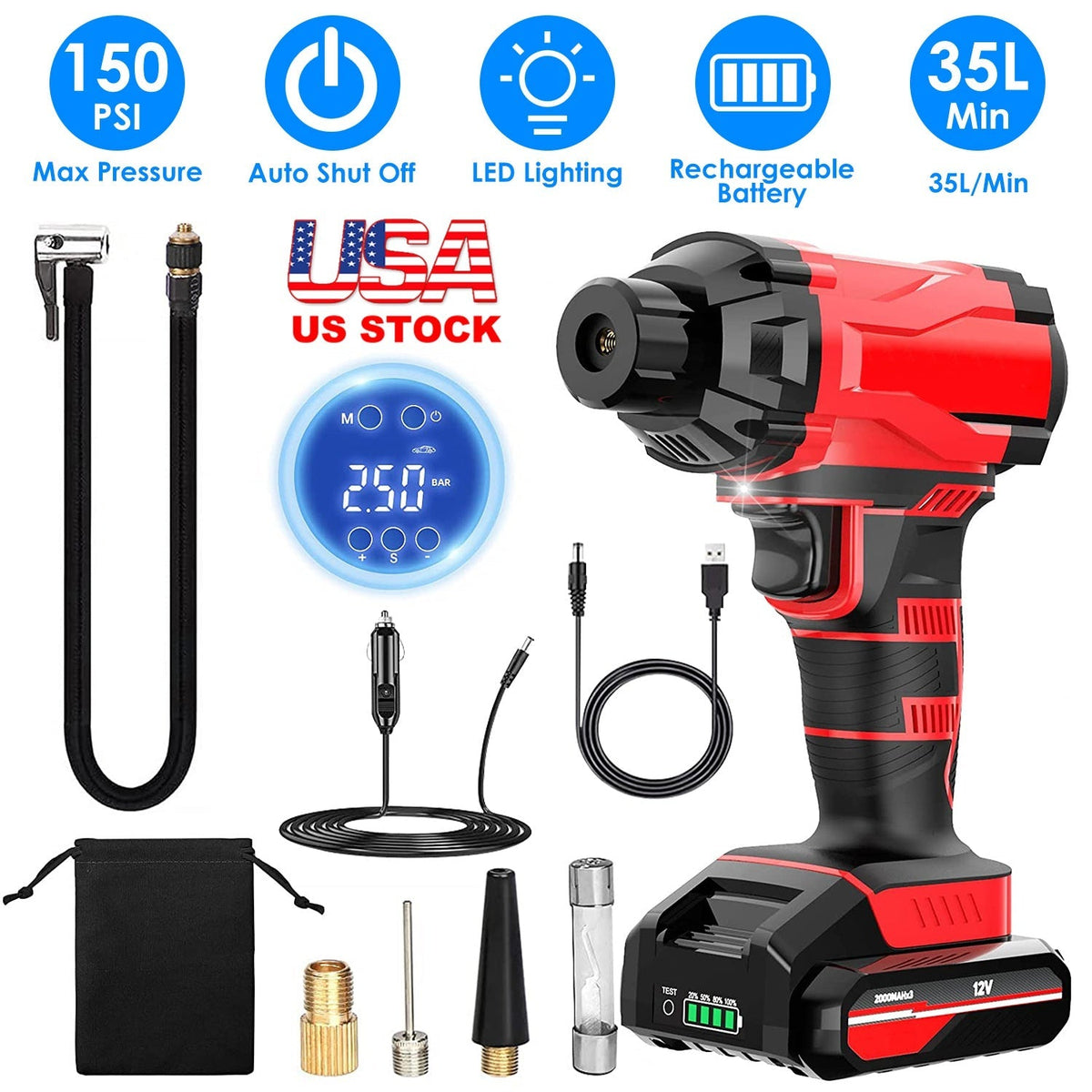 150PSI Cordless Car Tire Pump Rechargeable Tire Inflator 12V Portable Electric Air Compressor with LED Light for Car Bike Motorcycle Ball