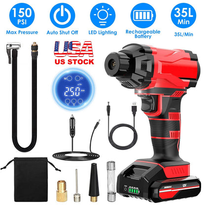 150PSI Cordless Car Tire Pump Rechargeable Tire Inflator 12V Portable Electric Air Compressor with LED Light for Car Bike Motorcycle Ball