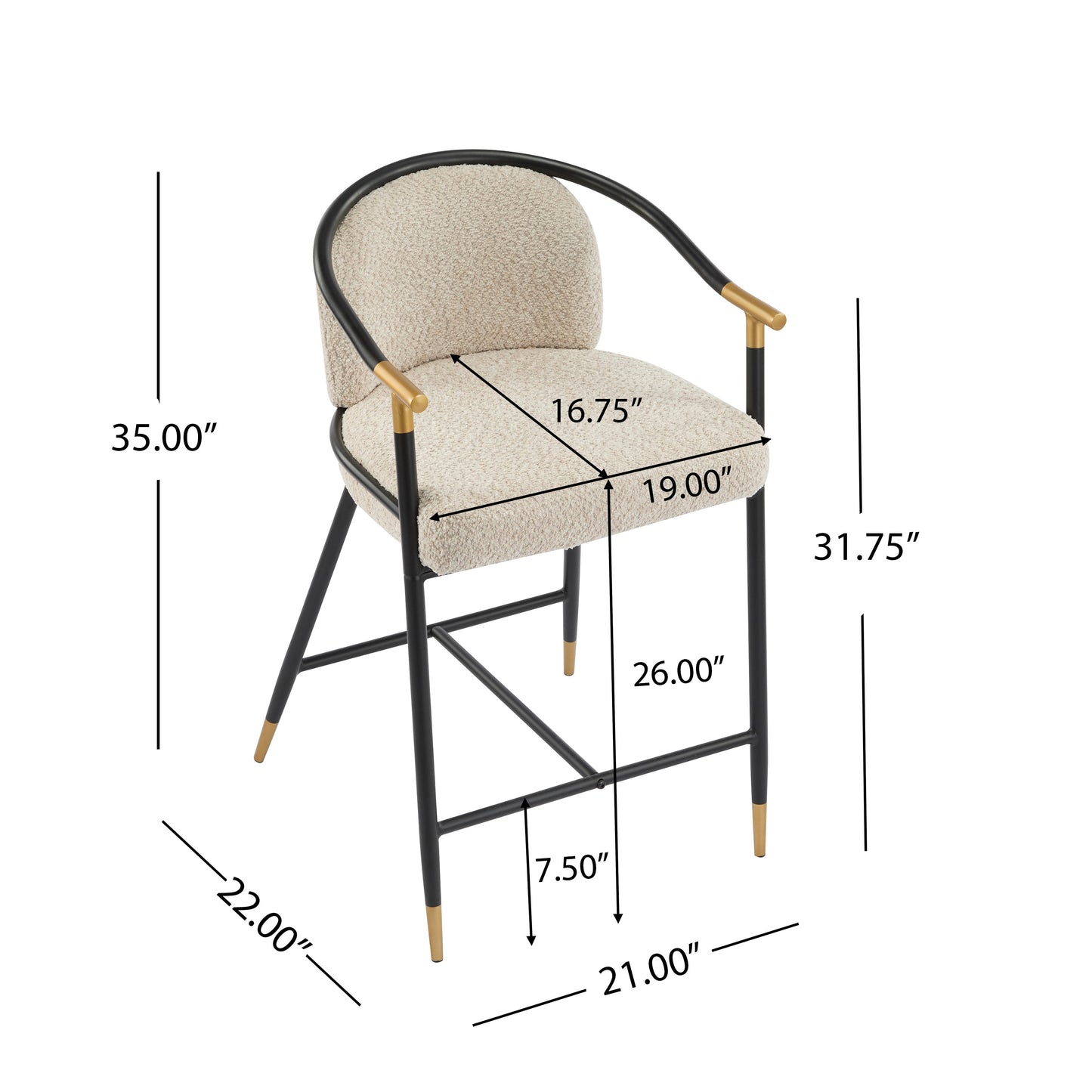 26" H Upholstered Counter Stool with Metal Frame (Set of 2) - Almond