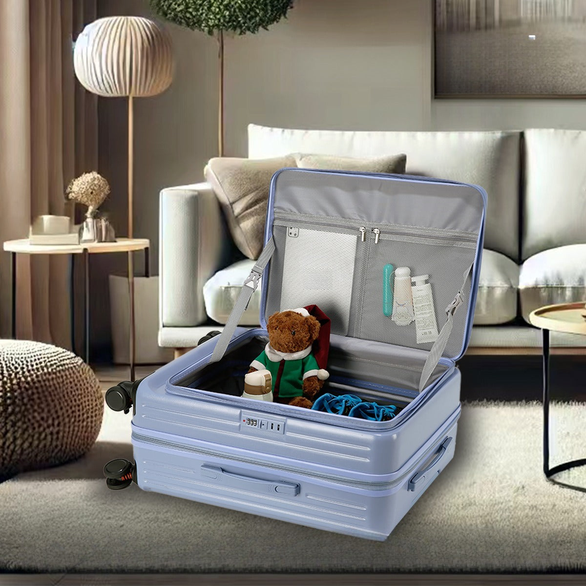Front Opening Expandable Carry On Luggage, Large And Medium Sized Cabin Bag, Made Of Alloy Material, TSA Lock, USB Charging Port, Foldable Cup Holder