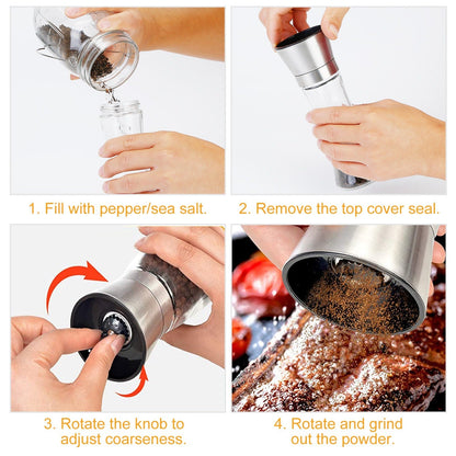 Stainless Steel Salt Pepper Grinder Tall Glass Sea Salt & Pepper Mill Shaker w/ Adjustable Coarseness