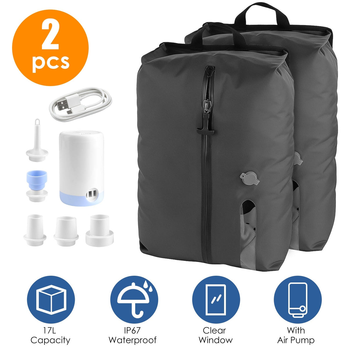 17L Vacuum Storage Bags with Rechargeable Pump (2-Pack)