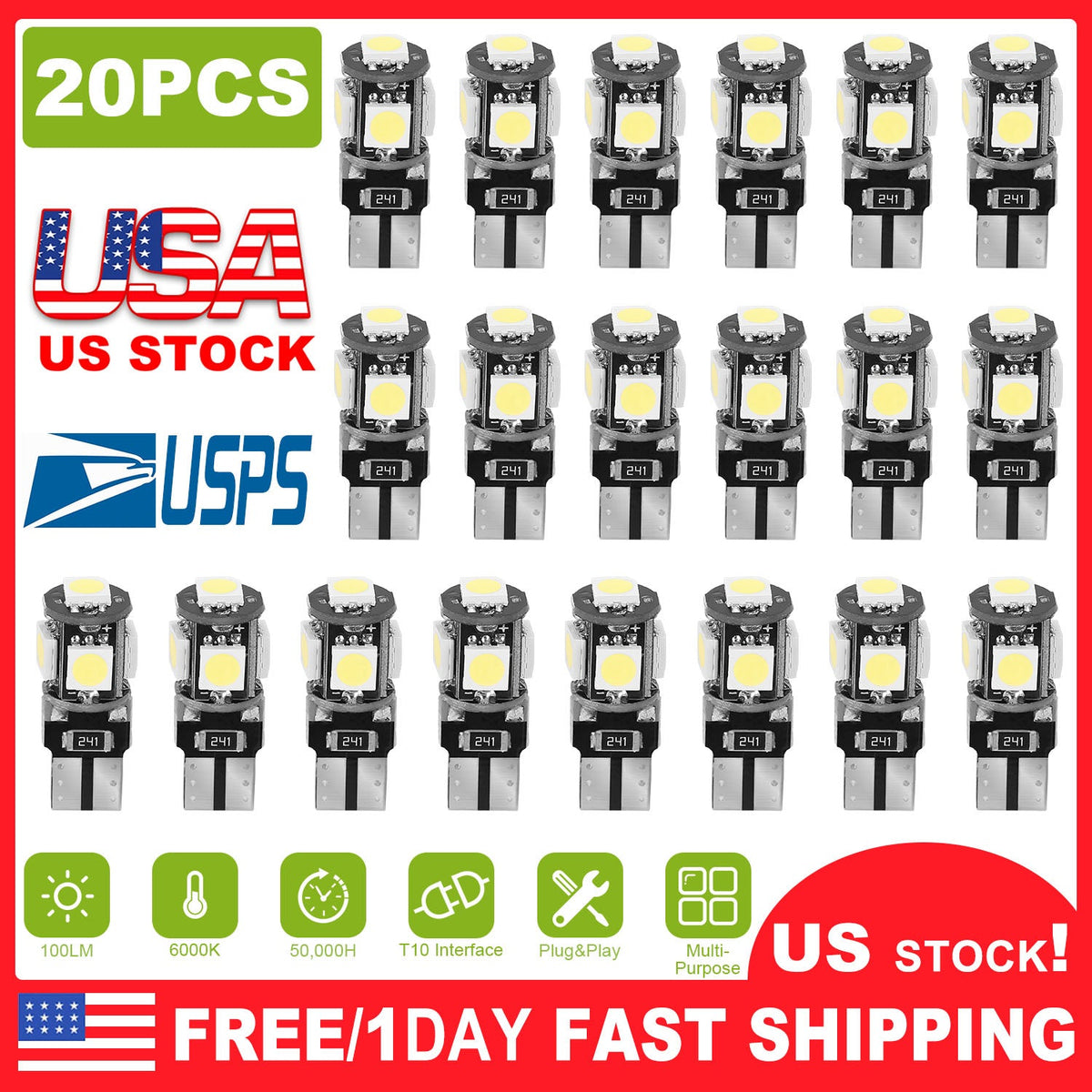 20Pcs T10 SMD5050 LED Light Bulbs 6000K Wedge Light Lamps Dome Map License Plate Car Interior Festoon Lights Kits