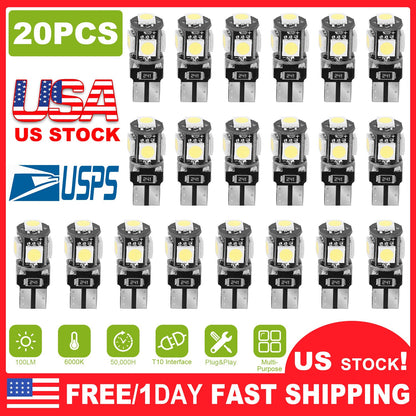 20Pcs T10 SMD5050 LED Light Bulbs 6000K Wedge Light Lamps Dome Map License Plate Car Interior Festoon Lights Kits
