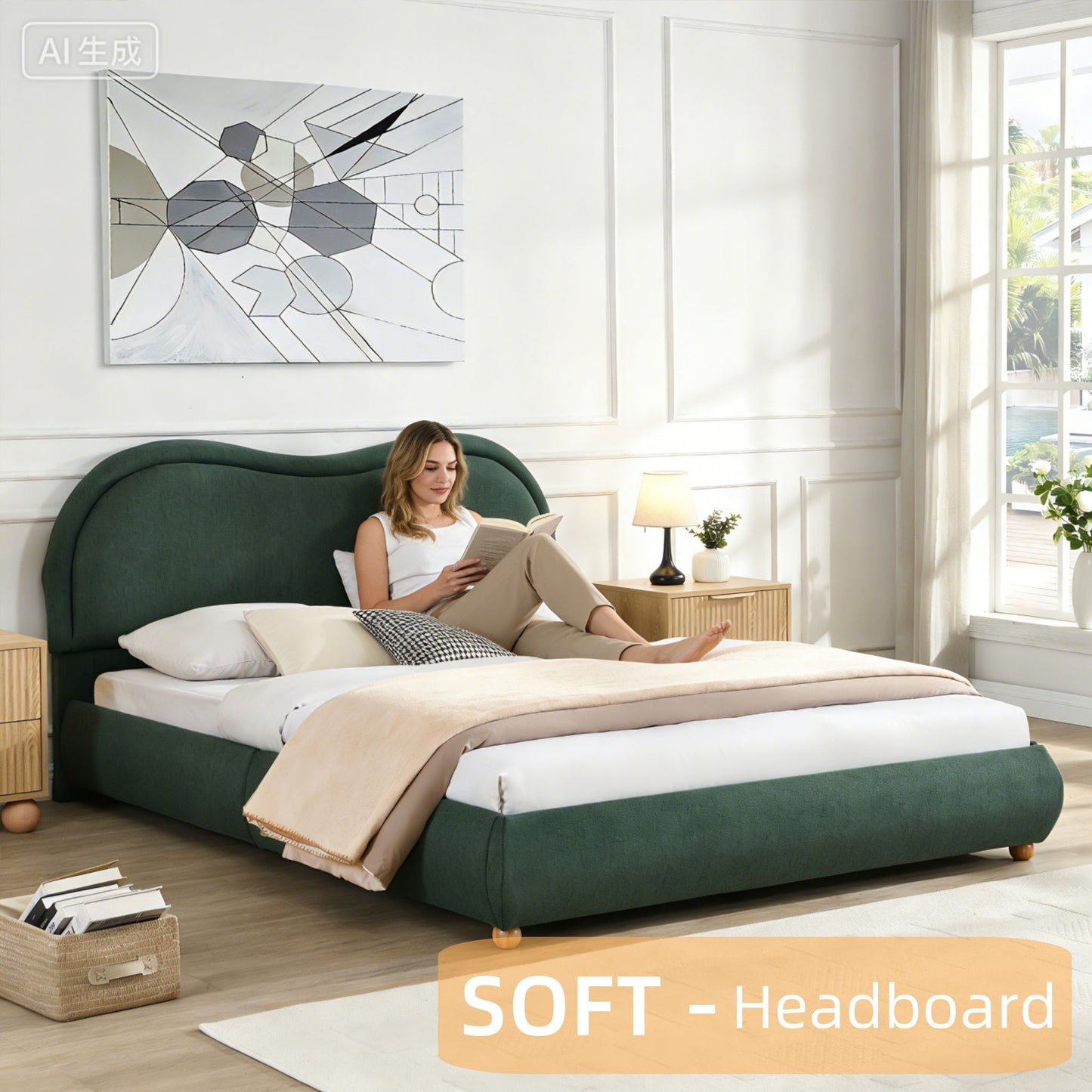 Upholstered Platform Bed Frame With Curved Headboard
