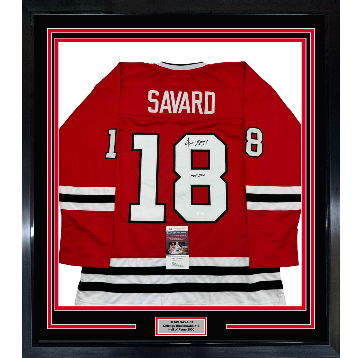 Framed Autographed/Signed Denis Savard HOF 2002 35x39 Chicago Red Hockey Jersey JSA COA
