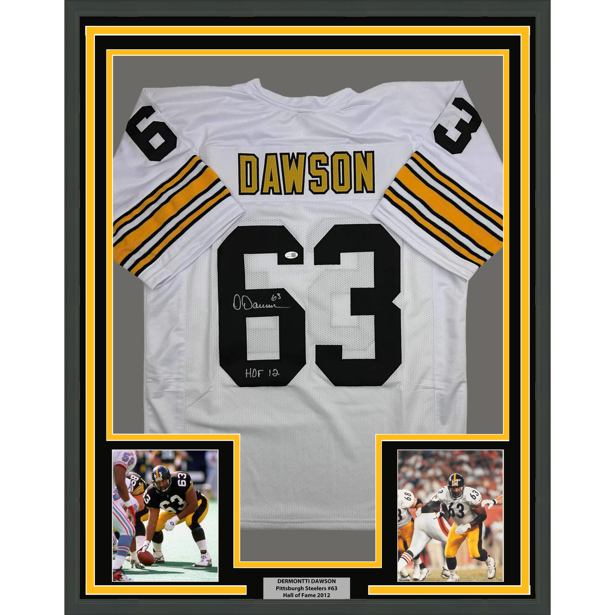 Framed Autographed/Signed Dermontti Dawson 35x39 HOF 12 Pittsburgh White Football Jersey JSA COA
